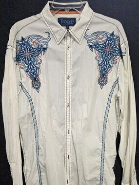 Roar Men's White Button-Up Shirt with Blue/orange Embroidered Detail